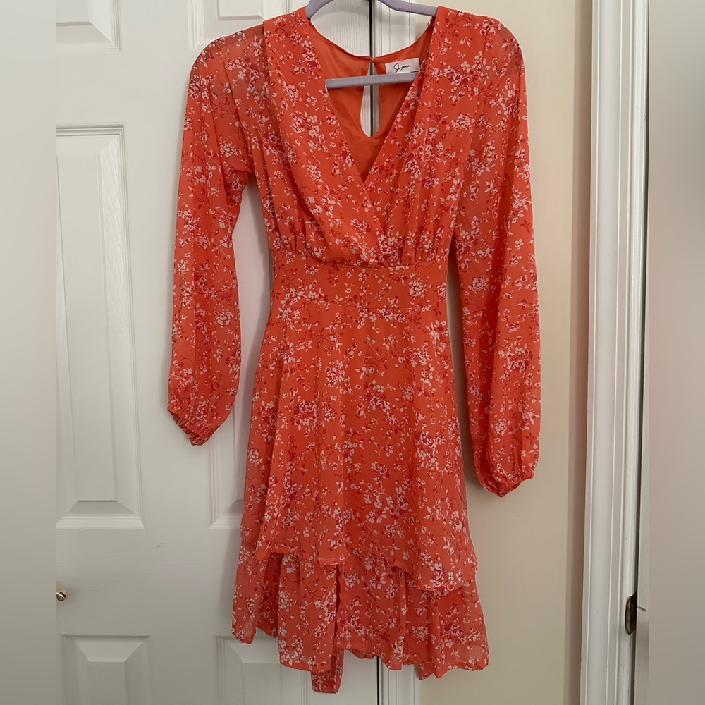 Japna Dress M Orange White Floral Tie Sash Tiered Skirt Lined Boho